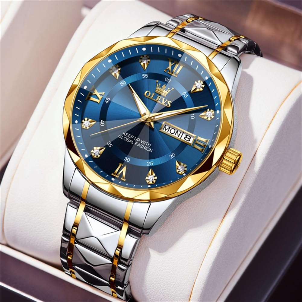OLEVS Men's Business Watch Gold Blue with Large Easy-Read Analog Quartz Date Display Luxury Stainless Steel Band Waterproof Luminous Hands