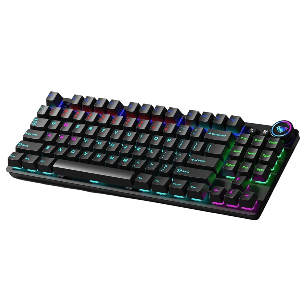 Aula M75 Tri-Mode (2.4G/Bluetooth/Wired) Hot Swappable RGB Backlit Wireless Mechanical Gaming Keyboard | All Key Anti-Ghosting | Dual Mode Knob with Multimedia Buttons | Black - Red Switches