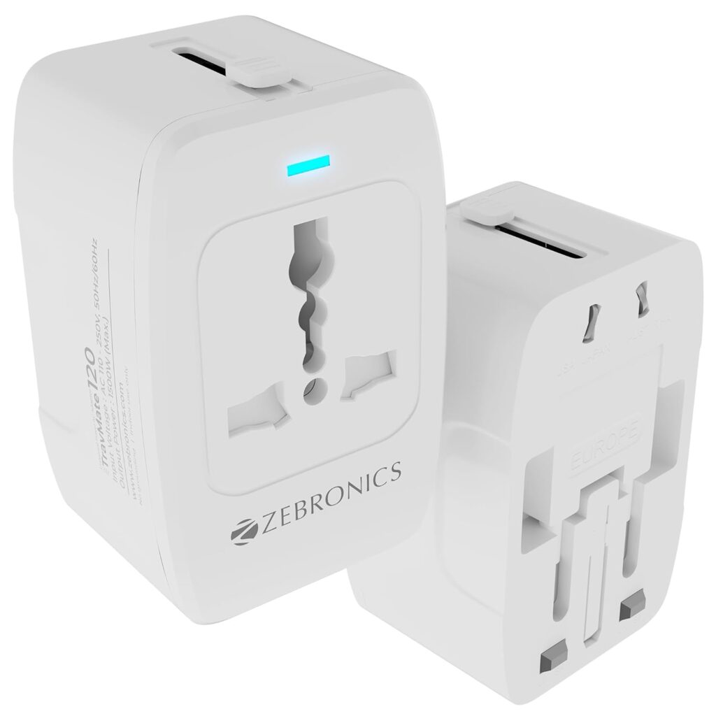 Zebronics 1500W All-in-One Universal Travel Adapter, Upto 6A, Universal Socket, Swappable Pins for EU|KR|UK|US|JP|AUS|CN, for Mobile, Tablets, Laptops, & Grooming Devices (Travmate 120)