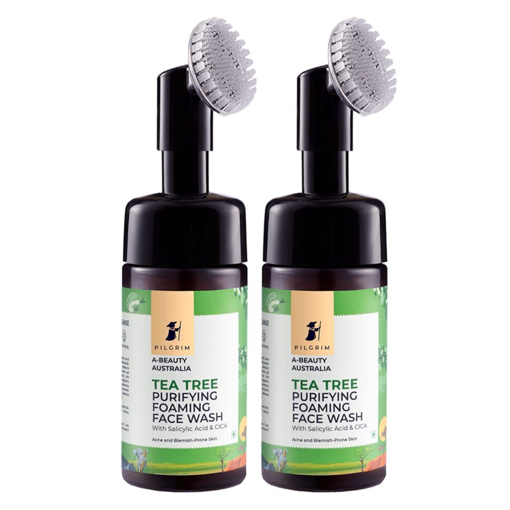 Pilgrim Tea Tree & 1% Salicylic acid Foaming Face wash with brush 120 ml (Pack of 2) | Tea Tree face wash with 1% salicylic acid & CICA for oily skin, acne, and pimples | Oily skin cleanser for face