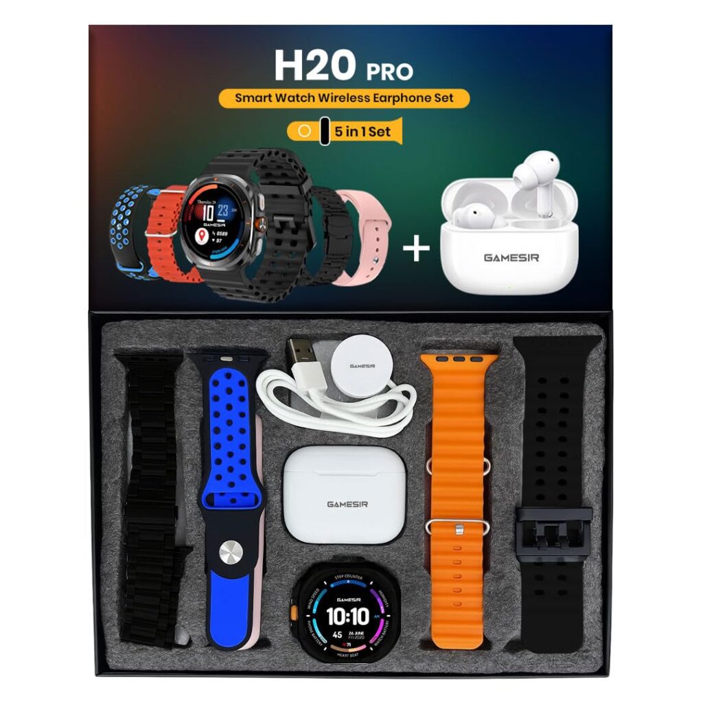GameSir H20 Pro 5 in 1 Smart Watch, 1.5” AMOLED Display, Bluetooth Calling, 100+ Sports Modes, Wireless Earbuds, IP67 Waterproof, Fitness & Health Tracking, Compatible with Android & iOS (Black)