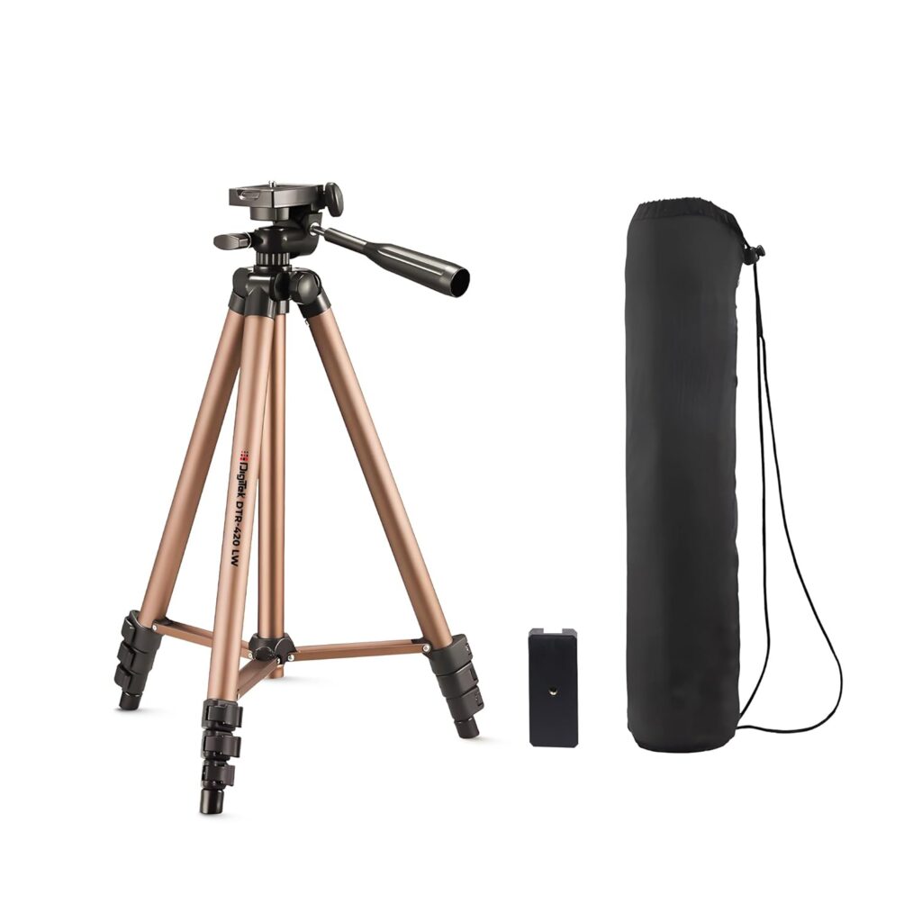 Digitek (DTR 420LW) Tripod for Camera & Smartphone with Holder – 4.26ft Max Height, 3Kg Load, 4-Section Legs, 3-Way Head, Quick Release Plate - Ideal for Photography & Videography