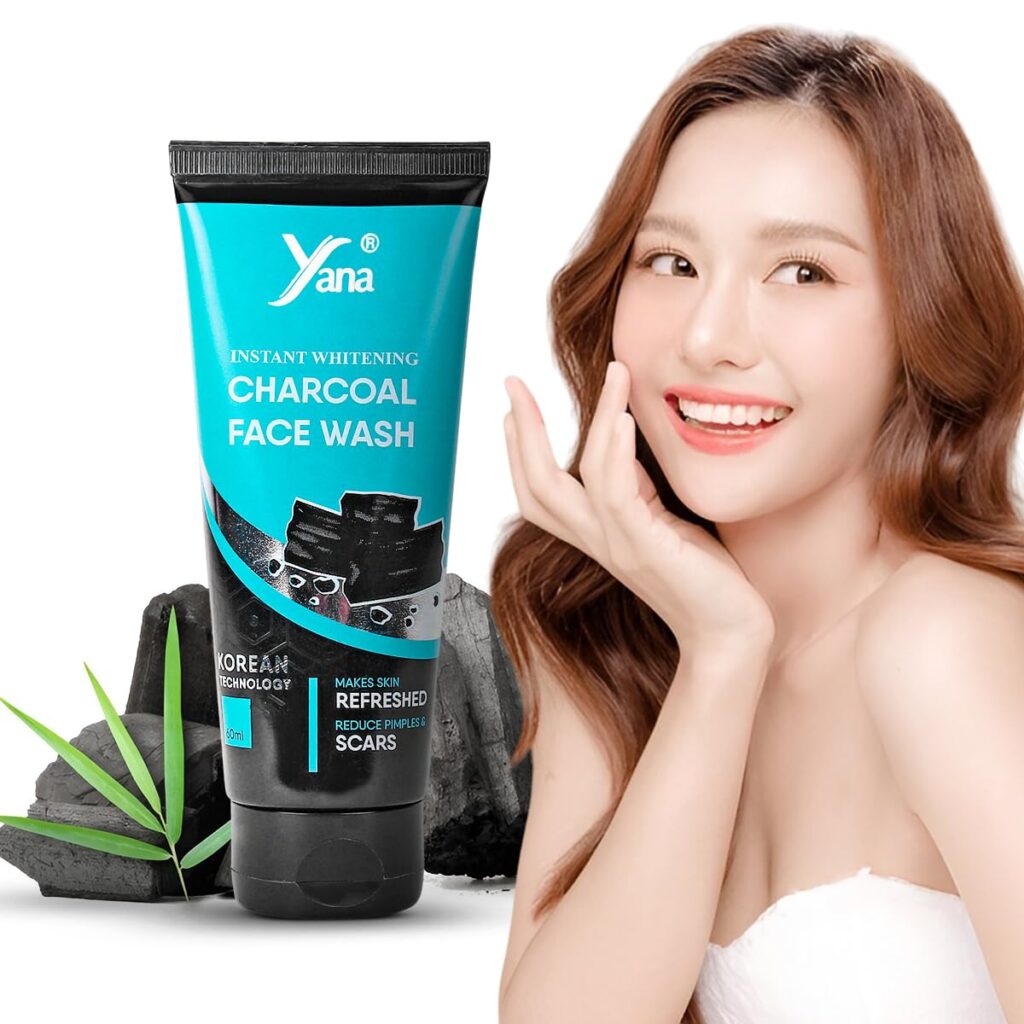 Yana Activated Charcoal Face Wash for Men & Women - Instant Whitening, Deep Cleansing for All Skin Types - Best Purifying & Brightening Face Wash - Lightening Dark Spots & Blackheads - 60ml