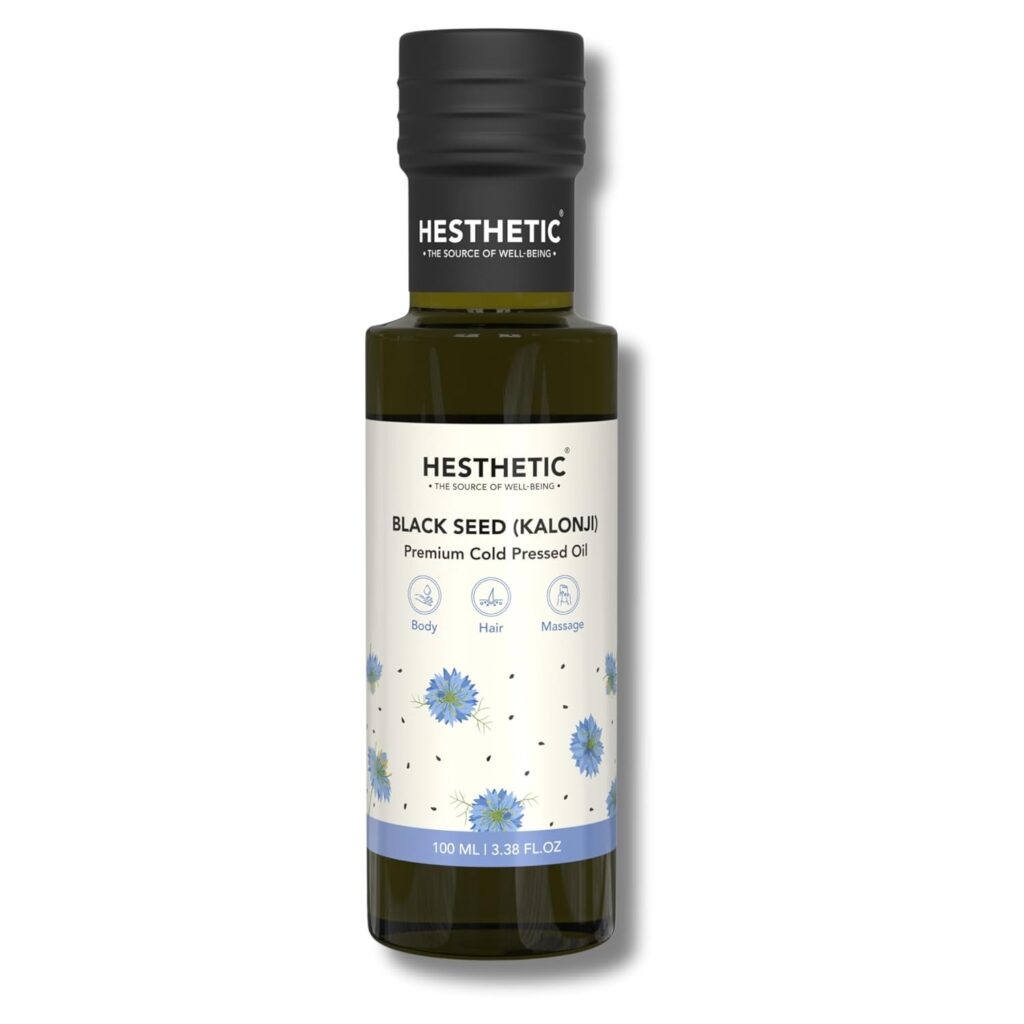 HESTHETIC Premium Cold Pressed Black Seed Oil, 100ML, For Skin, Hair, and Massage, 100% Pure and Natural Virgin Kalonji Oil, High Thymoquinone, Helps to Skin Firming, Glass Bottle