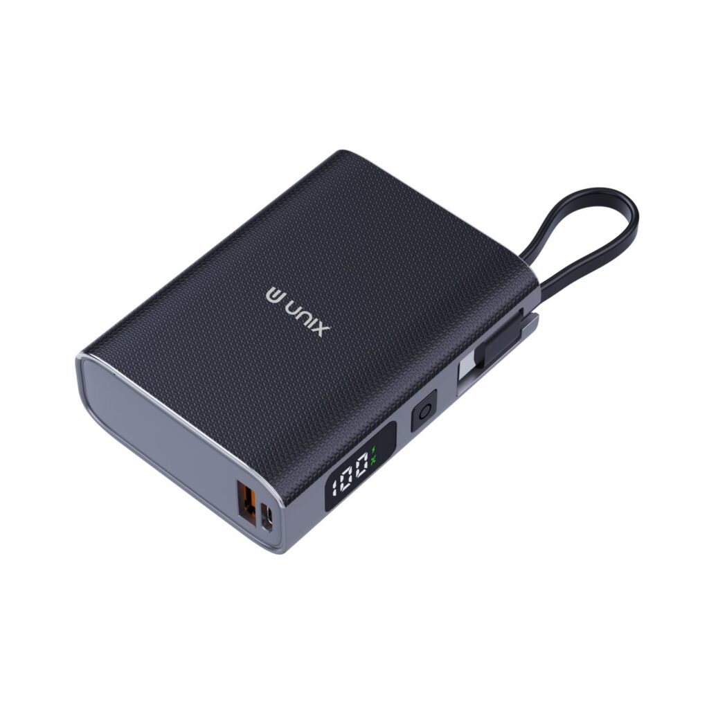 UNIX UX-1515 10000mAh Power Bank | 35W PD Fast Charging | Compact Li-Polymer Battery with Digital Display | Type-C, Lightining Cable, USB-A Compatible for Android & iOS - Black