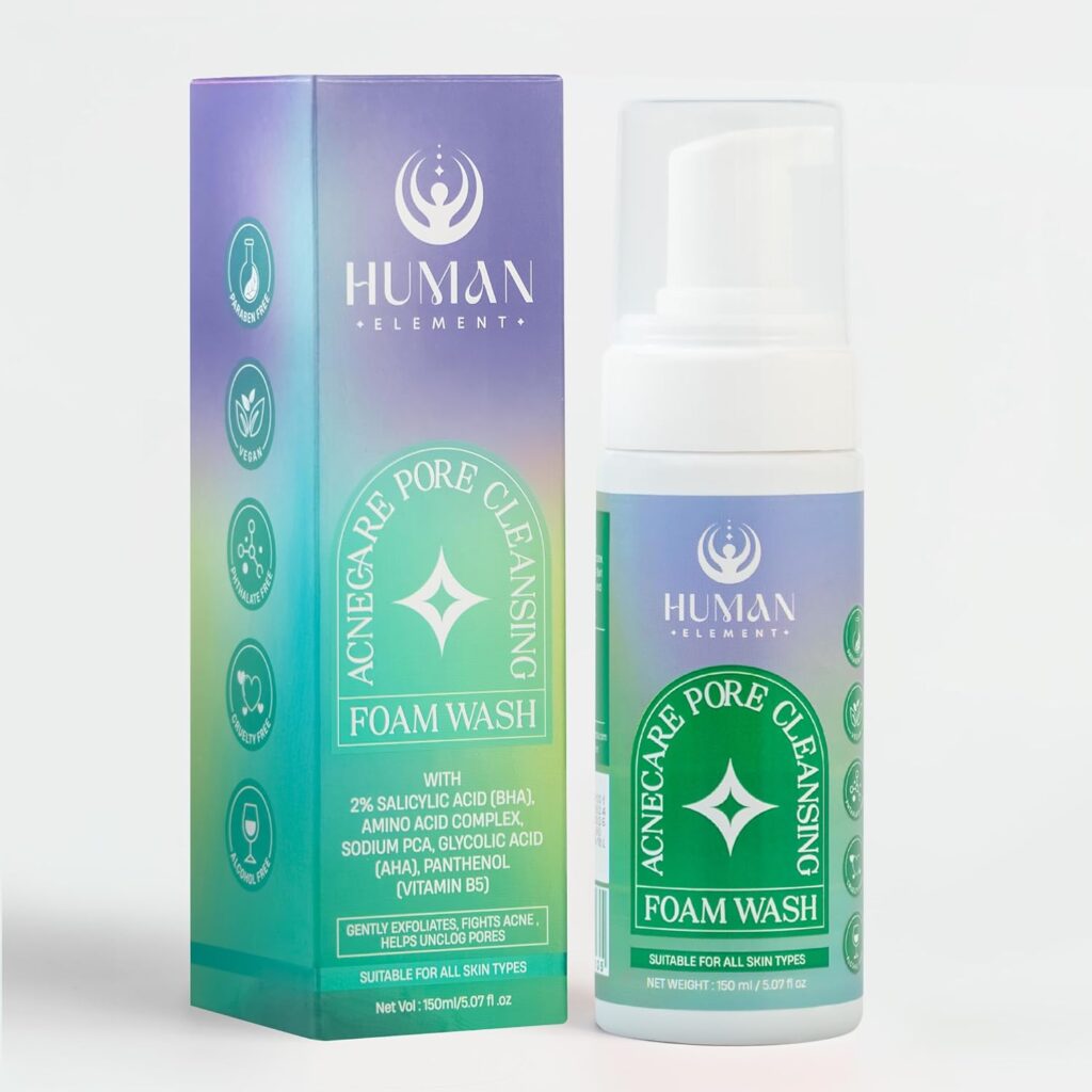 HUMAN ELEMENT AcneCare Pore Cleansing Foam Wash – Deep Cleansing, Oil Control & Acne-Fighting Face Wash for Oily & Acne-Prone Skin | Daily Gentle Exfoliation & Hydration with Salicylic Acid, Glycolic Acid & Amino Acids | 150 ML