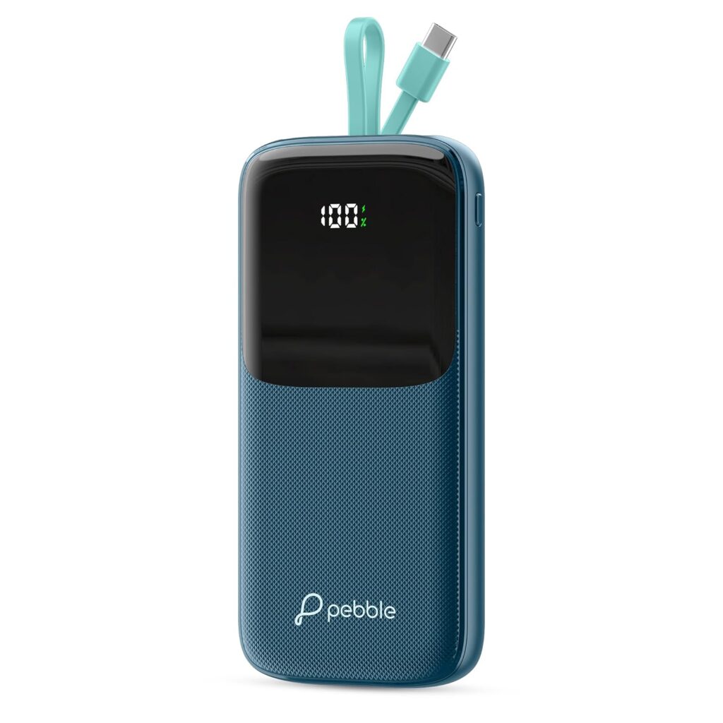 Pebble Rapid Electra20 22.5W Ultra Fast Charging Power Bank | 20000mAh | QC & PD | Inbuilt Cable | Digital Display | Type-C & USB-A Ports | Multi-Device Charging | Advanced Protection (Blue)