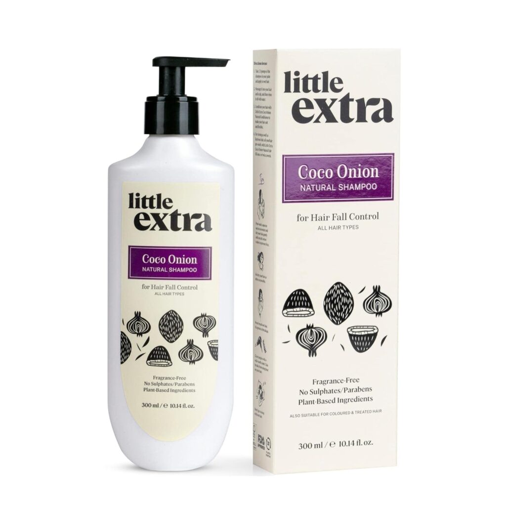 Little Extra Coco Onion Natural Shampoo for Hair Fall Control & Growth, No Parabens, SLS, Silicone & Sulfate Free, 100% Vegan with Coconut Milk, Onion Oil for Women & Men, 300 ml