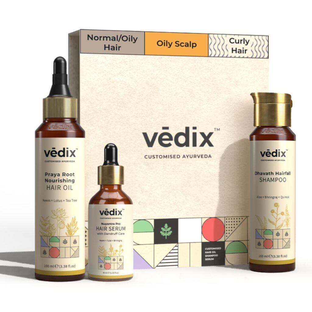 Vedix Customized Ayurvedic Hair Fall Control Regimen for Normal/Oily - Oily Scalp & Curly Hair - Ayurvedic Hair Oil + Shampoo - Hair Growth Serum