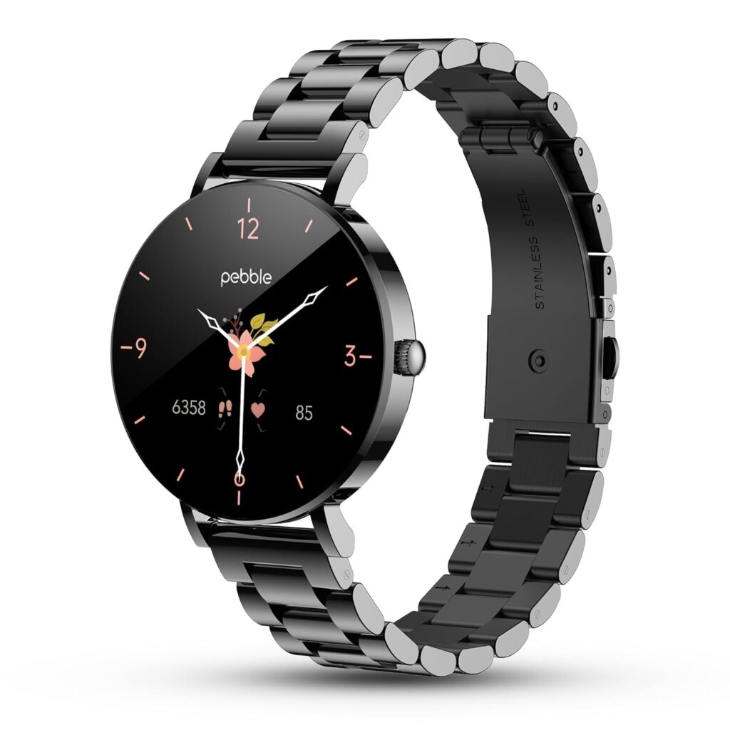 Pebble Eve 1.19” Ultra AMOLED Smartwatch 700 Nits, Bluetooth Calling Smart Watch for Women, Female Health Tracker, Stainless Steel Strap, IP67, DIY Faces, Smart Sensors, BT 5.3 - Classic Black