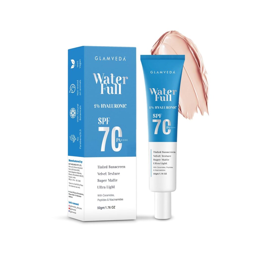Glamveda SPF 70 PA++++ Water Full 1% Hyaluronic Tinted Sunscreen | For All Skin Types | Velvet Texture | Super Matte & Ultra Light | Broad Spectrum Protection | With Ceramides, Peptides & Niacinamide | 50 g