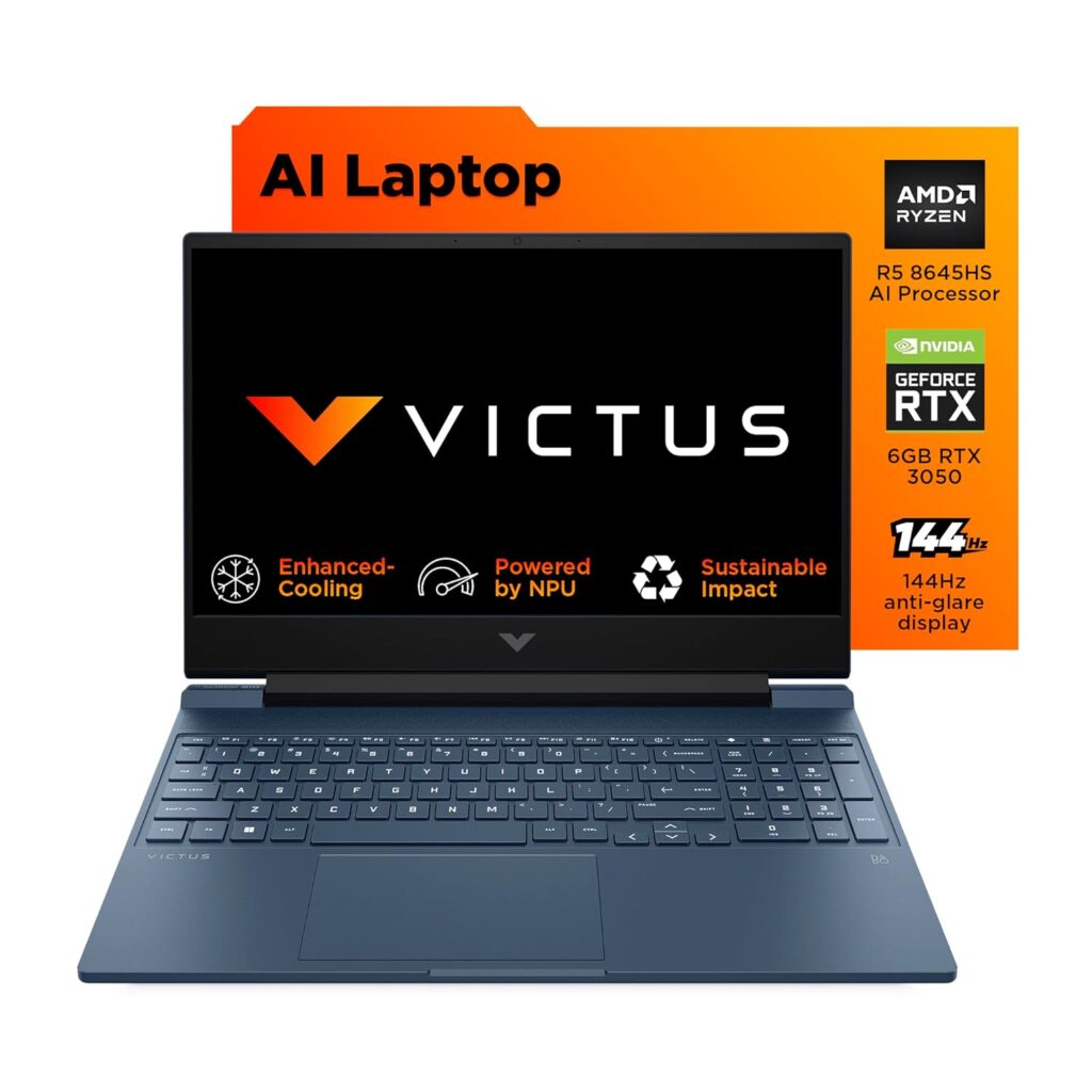 HP Victus, AMD Ryzen 5 8645HS, 6GB RTX 3050 Gaming Laptop (16GB DDR5, 512GB SSD),144Hz,300 nits,IPS, 15.6''/39.6cm, FHD, Win11, Office 24, Blue, 2,29kg, Backlit Kb,HD Camera, fb3012AX