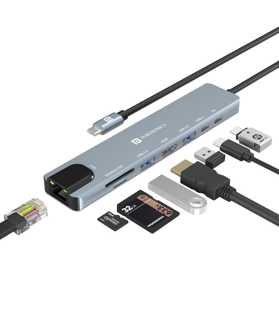 Portronics Mport 8 USB-C USB Hub/Docking Station(8-in-1) with 4K 30Hz HDMI, 100 Mbps Ethernet, USB 3.0, microSD/SD Card Reader, Type-C Data, PD Charging, USB 2.0, Type-C Plug for Laptop, Mac, PC