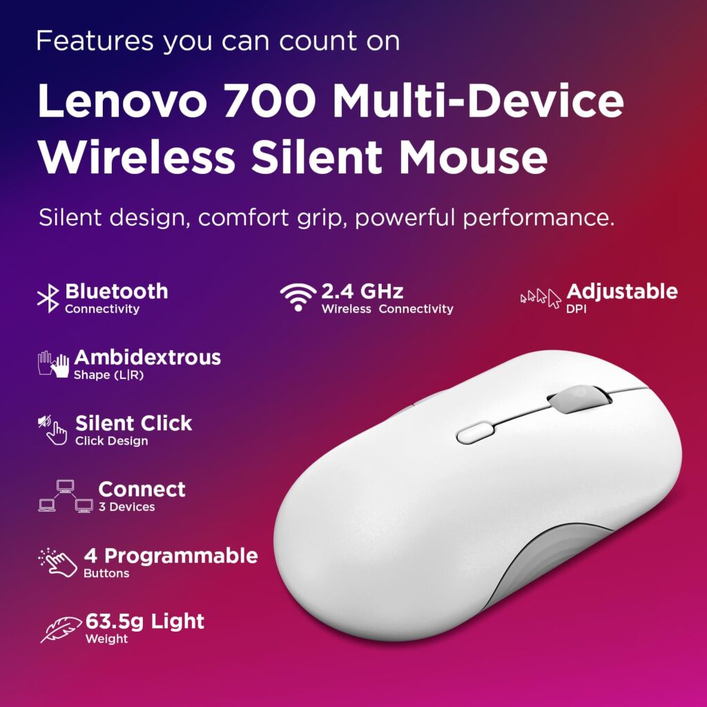 Lenovo 700 Multi-Device Wireless Silent Mouse, Bluetooth 5.3 or USB-A 2.4Ghz, Upto 5million Button clicks, 4000 DPI, Soft Touch Grip, Programmable Buttons, Dynamic Scroll Wheel, Seashell
