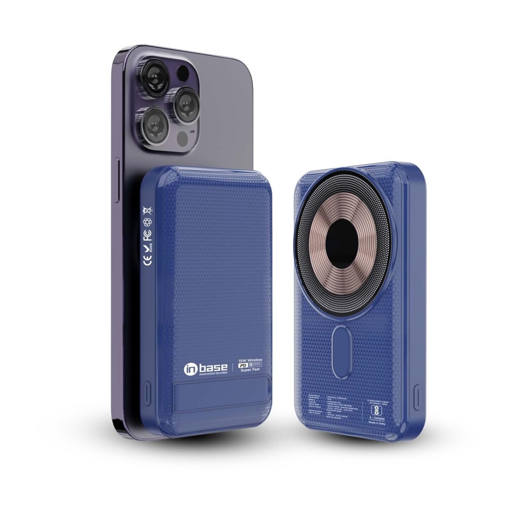 Inbase Mag Voltt 02 10000mAh Magnetic Wireless Power Bank for i Phone 12 & Above, 22.5W Wired + 15W Wireless Charging, Mobile Stand, Type C PD (Input & Output), Li-Polymer (Blue)