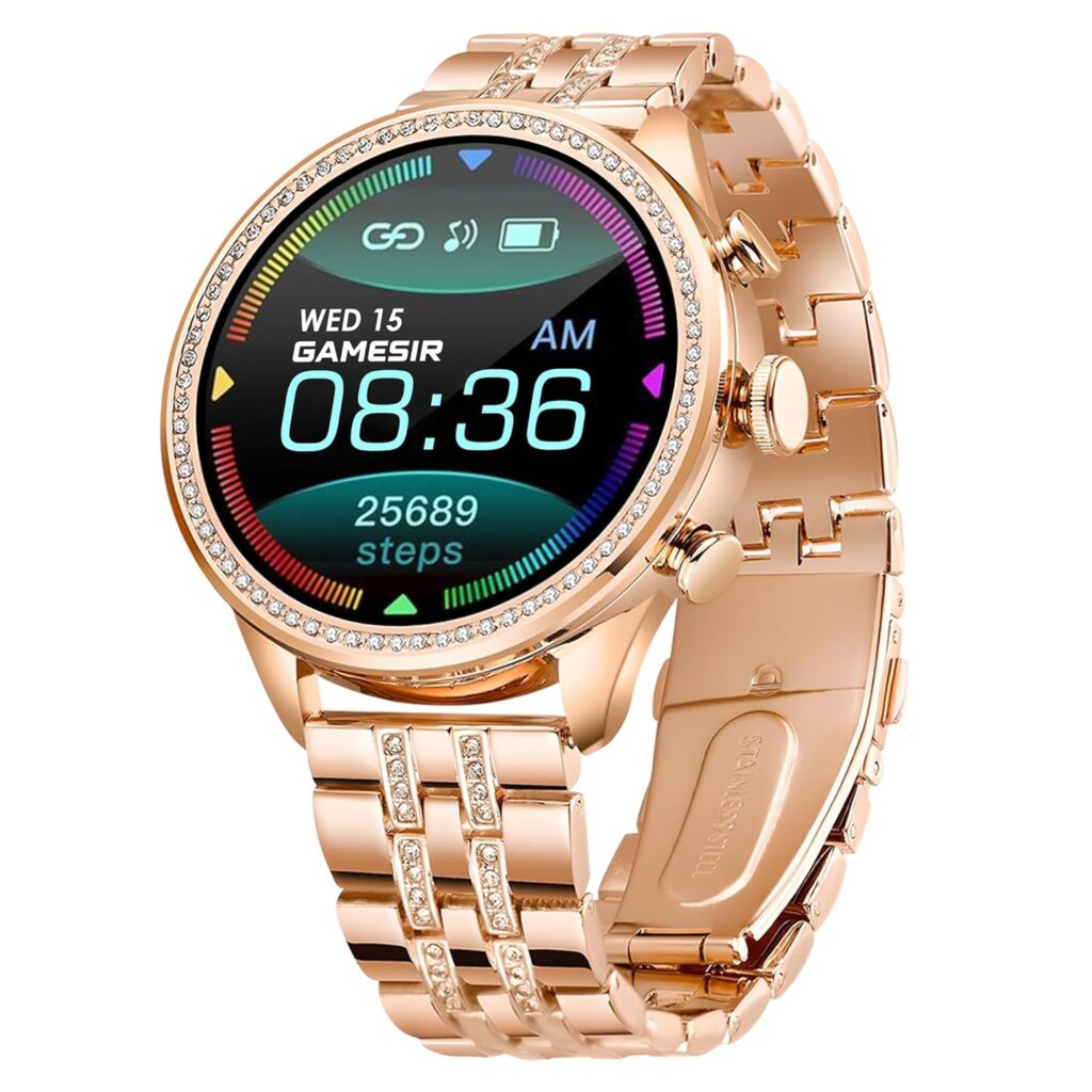 GameSir Genquira Elegant Smartwatch for Women with Call Function, AMOLED Touchscreen, 24/7 Wellness Monitoring, Voice Assistant, Long Battery Life, IP68 Water Resistant Android Support (Diamond Gold)