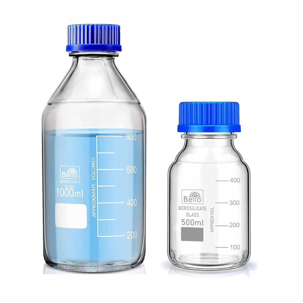 Bello Borosilicate Glass reagent bottle 1000ml & 500ml with leak proof Blue Screw Cap pack of 2 for glassware wide mouth bottles for perfume making cosmetics lab, laboratory, kitchenuse