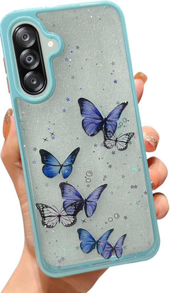VONZEE for Samsung Galaxy A56 5G Clear Glitter Butterfly Case, Cute Bling Sparkle Shiny Soft Silicone TPU Bumper Shockproof Women Girls Slim Protective Phone Cover for Galaxy A56 5G, Mint