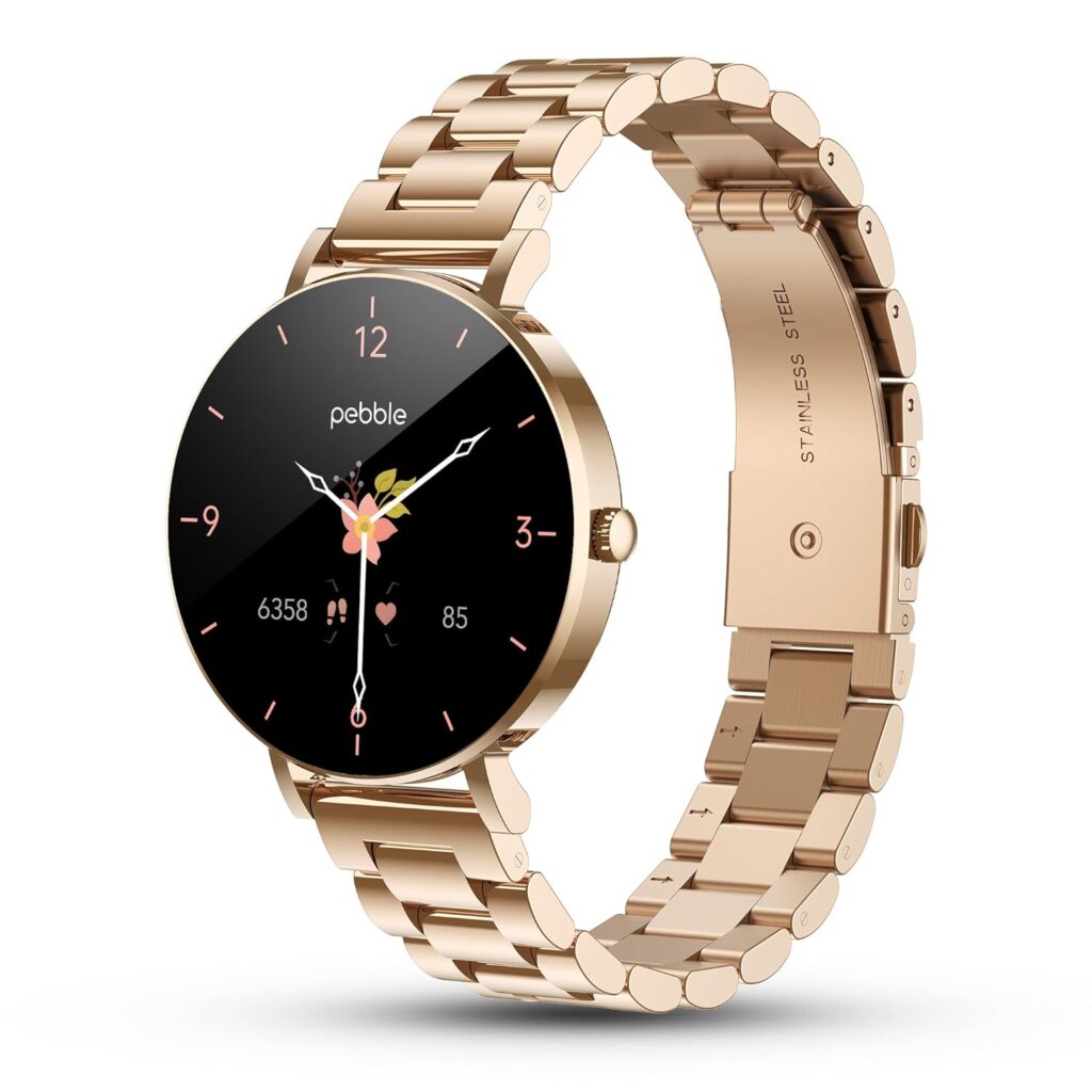 Pebble Eve 1.19” Ultra AMOLED Smartwatch 700 Nits, Bluetooth Calling Smart Watch for Women, Female Health Tracker, Stainless Steel Strap, IP67, DIY Faces, Smart Sensors, BT 5.3 - Classic Gold