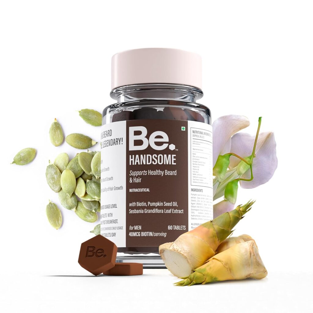 Be. Handsome Biotin Tablets for Hair Growth & Beard Enhancement for Men | B12 Vitamin Tablets with Pumpkin Seed Oil, Sesbania Extract & Vitamins | Hair & Beard Health | 60 Veg Capsules | 30 Day Supply