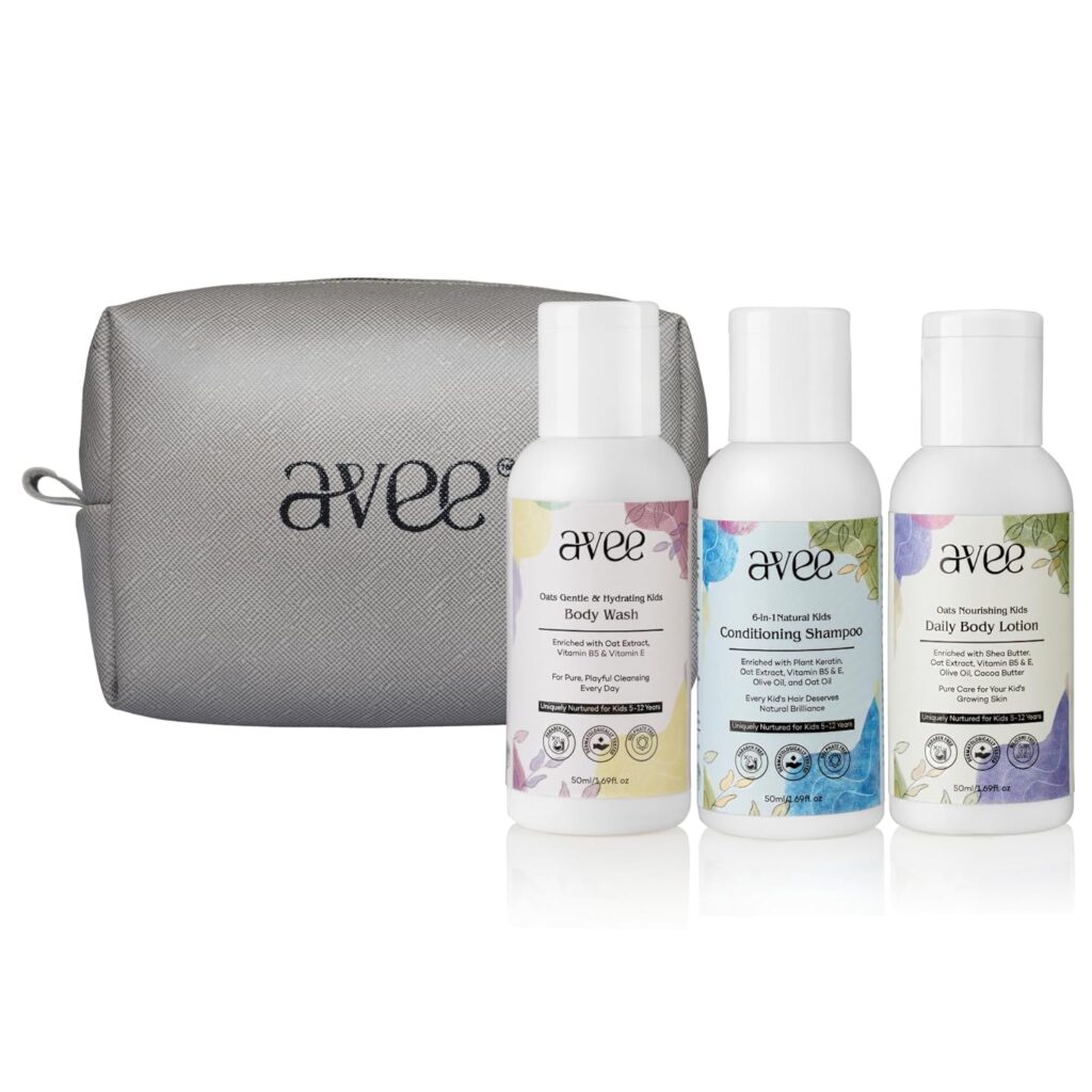 Avee Kids Travel Kit with Conditioning Shampoo, Body Wash & Body Lotion with Free Travel Pouch | Travel Accessories | Perfect for Kids 5-12 years (3 x 50ml)
