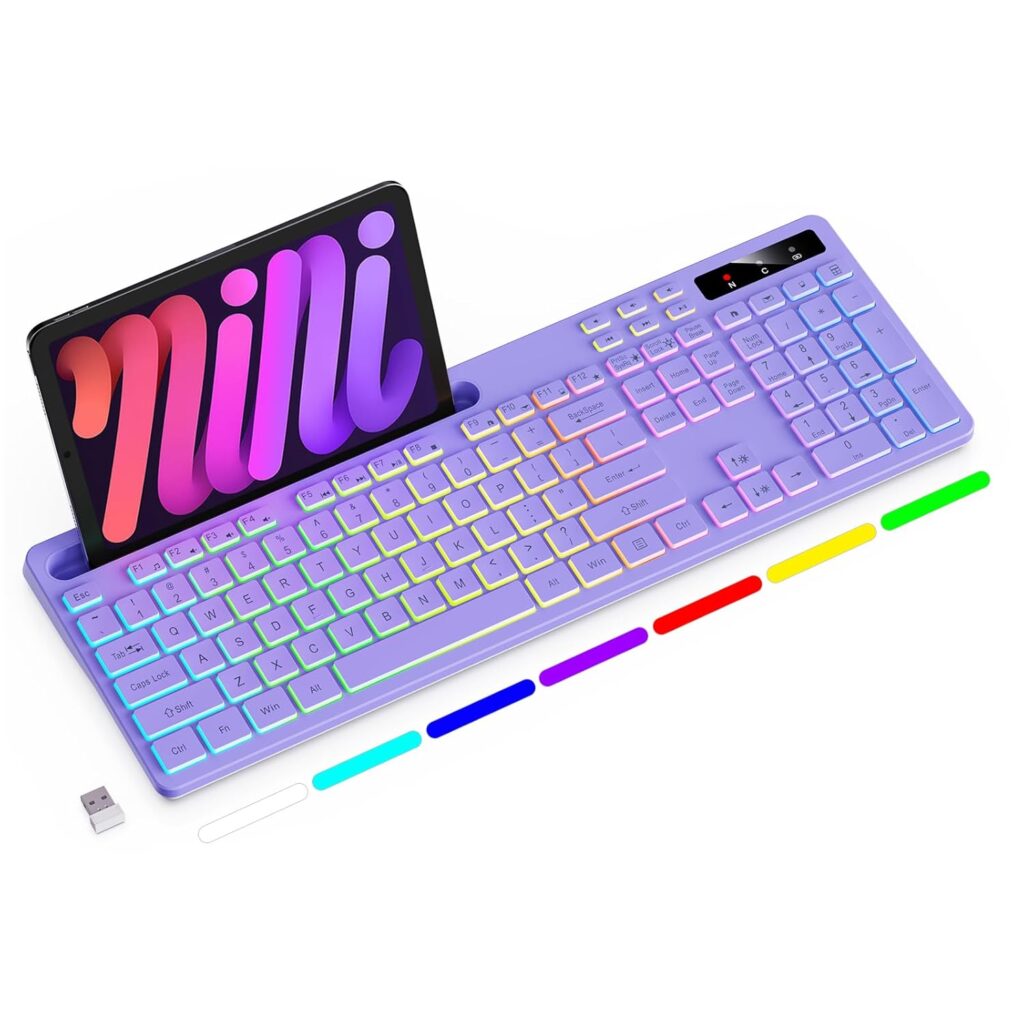 Wireless Keyboard with 7-Color RGB Backlit, Full-Size Computer Keyboard with Phone Tablet Holder, 2.4G Rechargeable Gaming Keyboard with Light Up Keys, Compatible with Mac, Windows (Purple)