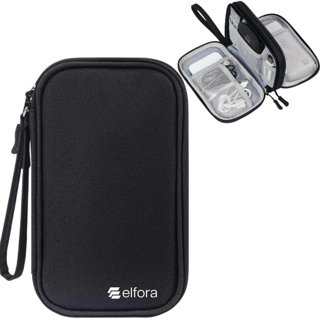 Elfora Big Cable Organizer Bag | Double Layer Travel Storage Pouch for Chargers, USB Cables, Power Bank, Earphones, Hard Disk & Other Accessories | Durable Nylon Case with Mesh Pockets 27X16Cm (Black)
