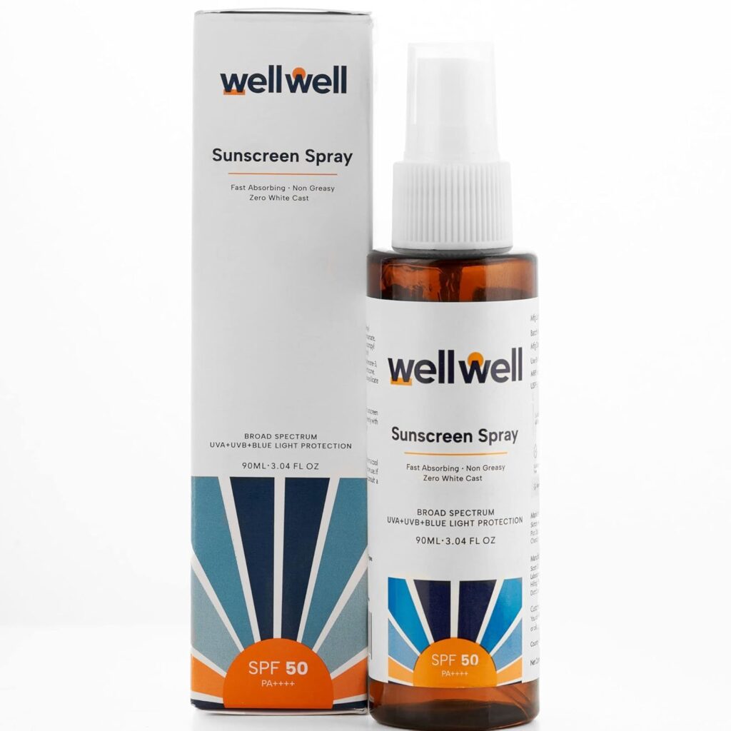 WellWell Sunscreen SPF 50 PA++++ Invisible Spray: Face & Body, Zero White Cast | Waterproof | Sweat Resistant | UVA+UVB+Blue Light | Fragrance Free | For Women, Men, Kids & All Skin Types