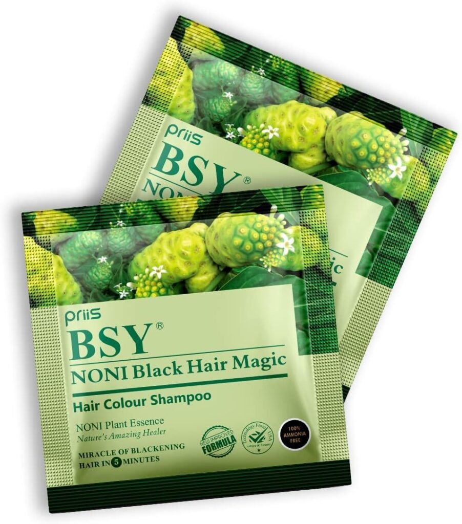 BSY Noni Black Hair Magic Hair Color Shampoo(12Ml X 5 Sachets)|Ammonia Free Hair Color Shampoo For Men|Natural Black Permanent Hair Dye Shampoo For Women|5 Minutes Hair Colour|Hair Coloring Shampoo