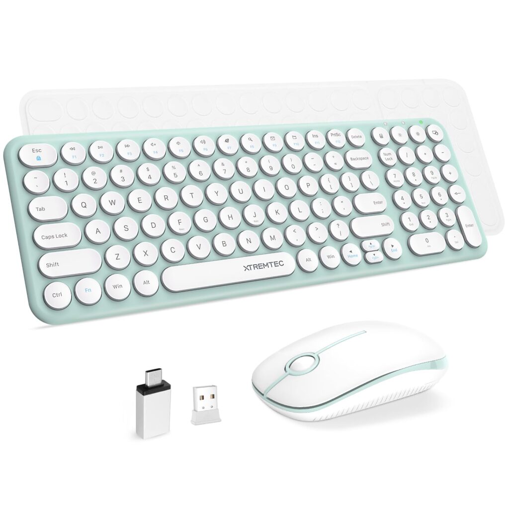XTREMTEC Wireless Keyboard Mouse Set, Retro Round Typewriter Slim Wireless Keyboard, USB 2.4GHz Connection, Compact Keyboard for Laptop, iMac, Windows Computer (Macaron Green) German Keyboard