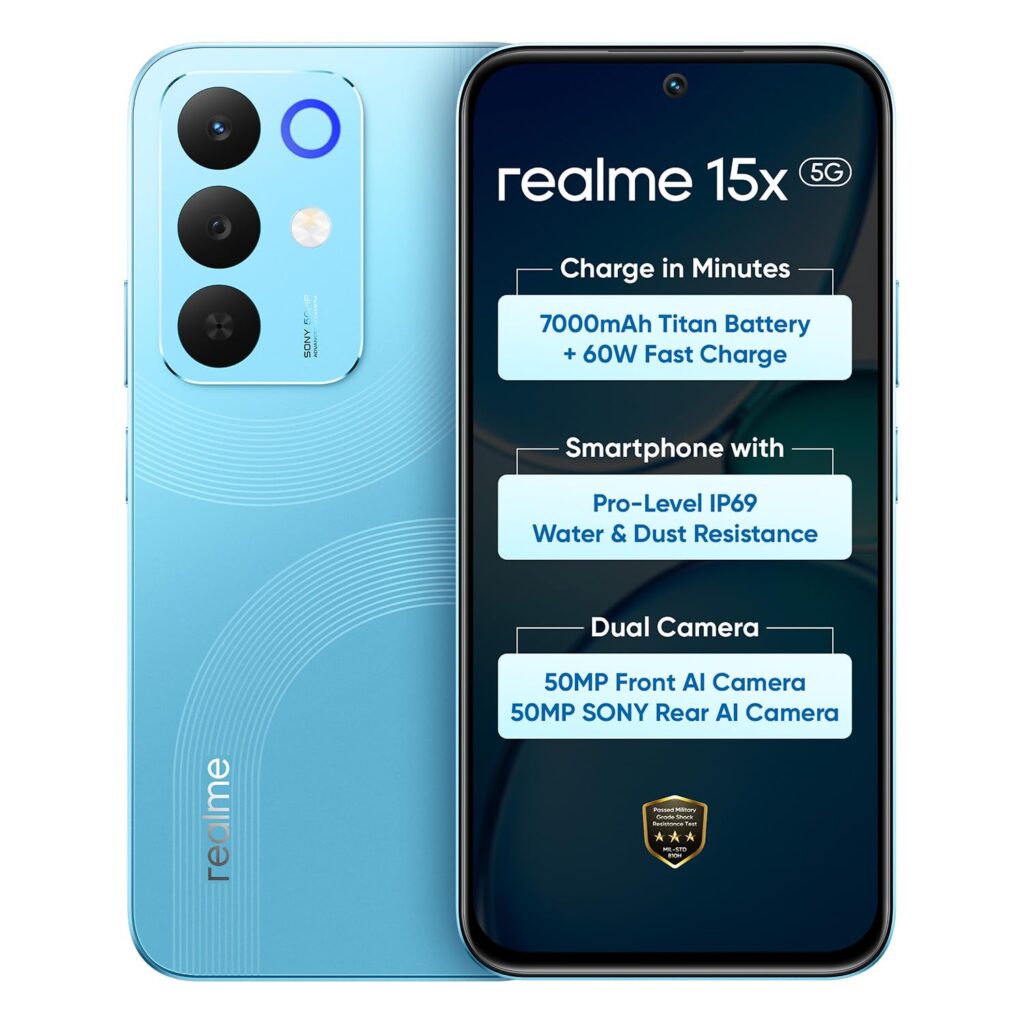 realme 15X 5G Smartphone 8+128GB Aqua Blue, 6.8-inch Screen, 144Hz Display,7000mAh Battery, 60W Fast Charging, 50+50MP AI Camera,Dimensity 6300 6nm Octa-core chipset Processor, IP69