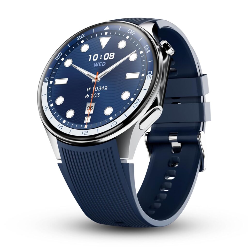 Pebble Gravity Smartwatch | 1.43” AMOLED, BT Calling, Quick Alerts, Compass, QR Payments, Health Suite & Premium Silicone Strap (Blue)