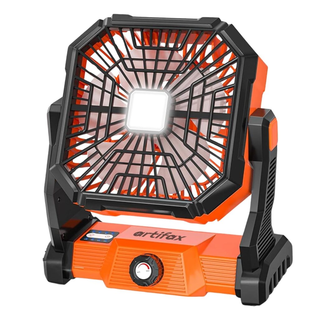 Artifax Camping Fan ART-B-7 with LED Light & Power Bank | 270° Adjustable | 10000mAh Battery | USB Output | Hanging/Standing | Rugged Design for Outdoor/Indoor | 2 Years Warranty.