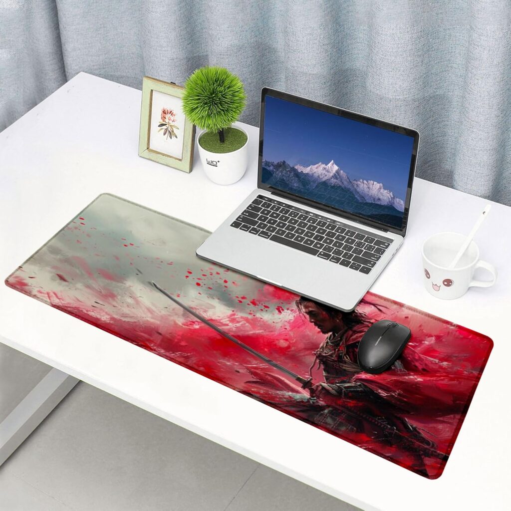 Premium Gaming Desk Mat, Red and Black Japanese Art Design, 90x42cm Extended Mouse Pad, Heat, Water and Scratch Resistant, Anti-Fray Stitched Edges, Non-Slip Rubber Base