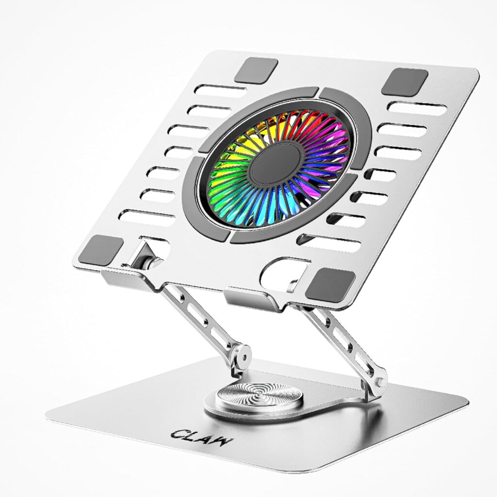 CLAW Lift Max X16 Laptop Stand with RGB Cooling Fan, 360° Rotation, Adjustable Angles, Metal & ABS Build, Anti-Slip Pads, Dual USB Ports, Supports 17-Inch Laptops & 8KG – Silver