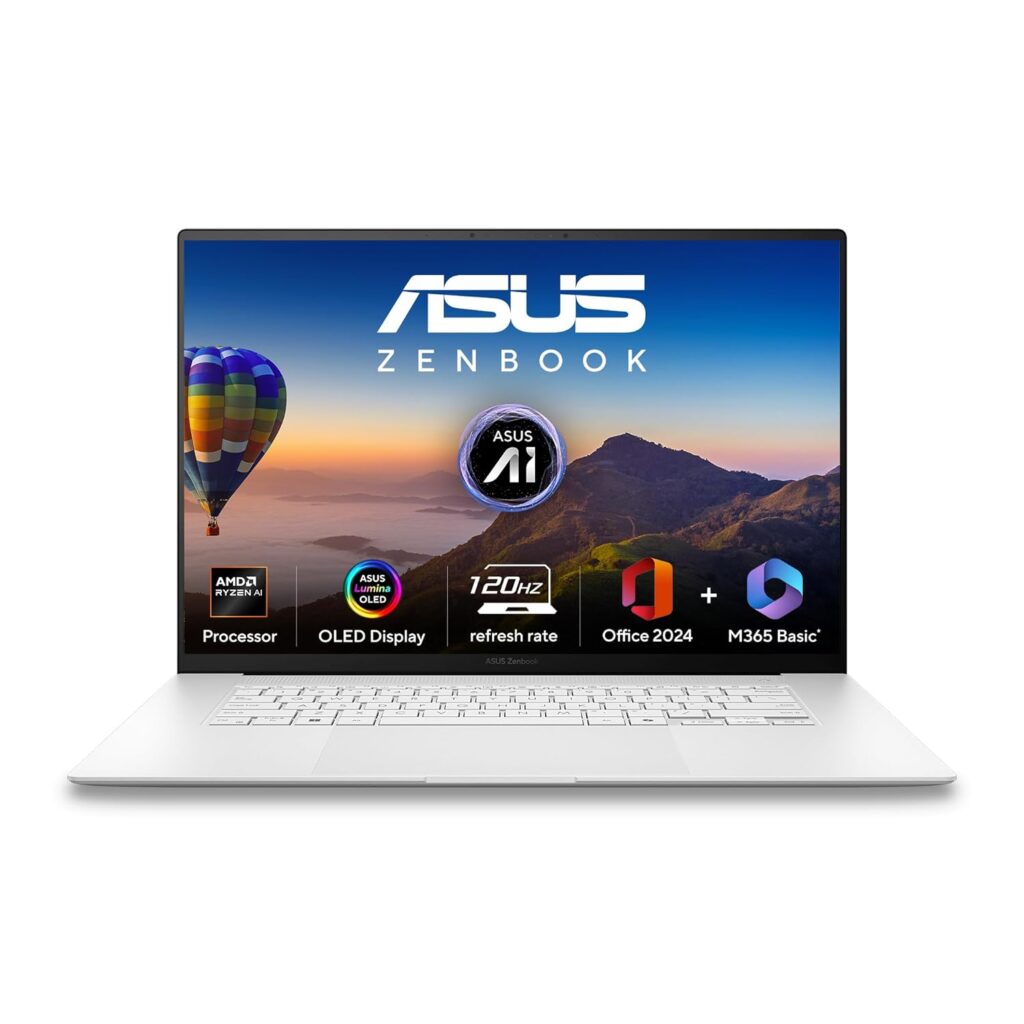 ASUS Zenbook S16,16" Touch Screen,3K OLED,AMD Ryzen AI 7 Octa Core 350,Copilot+ AI PC(24GB/1TB/AMD Radeon iGPU/Windows 11/M365 Basic(1Year)*/Office Home 2024/Scandinavian White/1.5 Kg)UM5606KA-RJ108WS