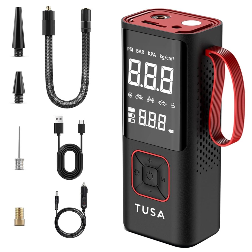 TUSA Cordless Tyre Inflator - 6000 mAh Battery - 2X Faster Inflation - Dual Mode (Battery & 12V Car Port), 150PSI Air Compressor for Cars, Bikes, Motorcycles, Balls, and Inflatables (Red)
