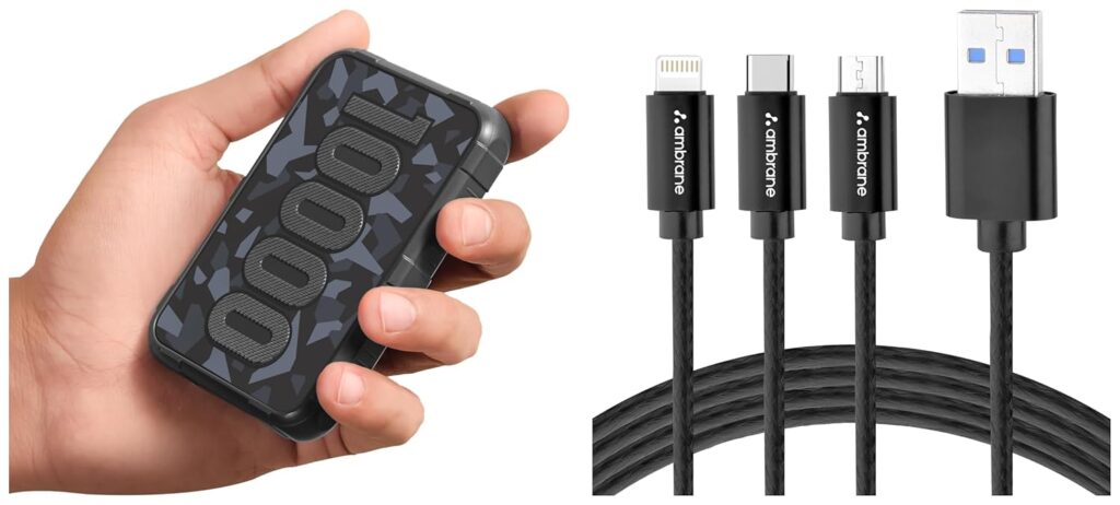 Ambrane 10000mAh Rugged, Slim & Compact Powerbank, 22.5W Fast Charging,with 3in1 Cable