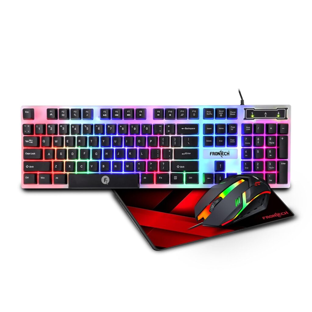 Frontech Neo Ranger 3-in-1 Gaming Combo – RGB LED Backlit 104-Key Keyboard, 1200 DPI Optical Mouse & Anti-Skid Mouse Pad – USB Wired (KB-0040PC)