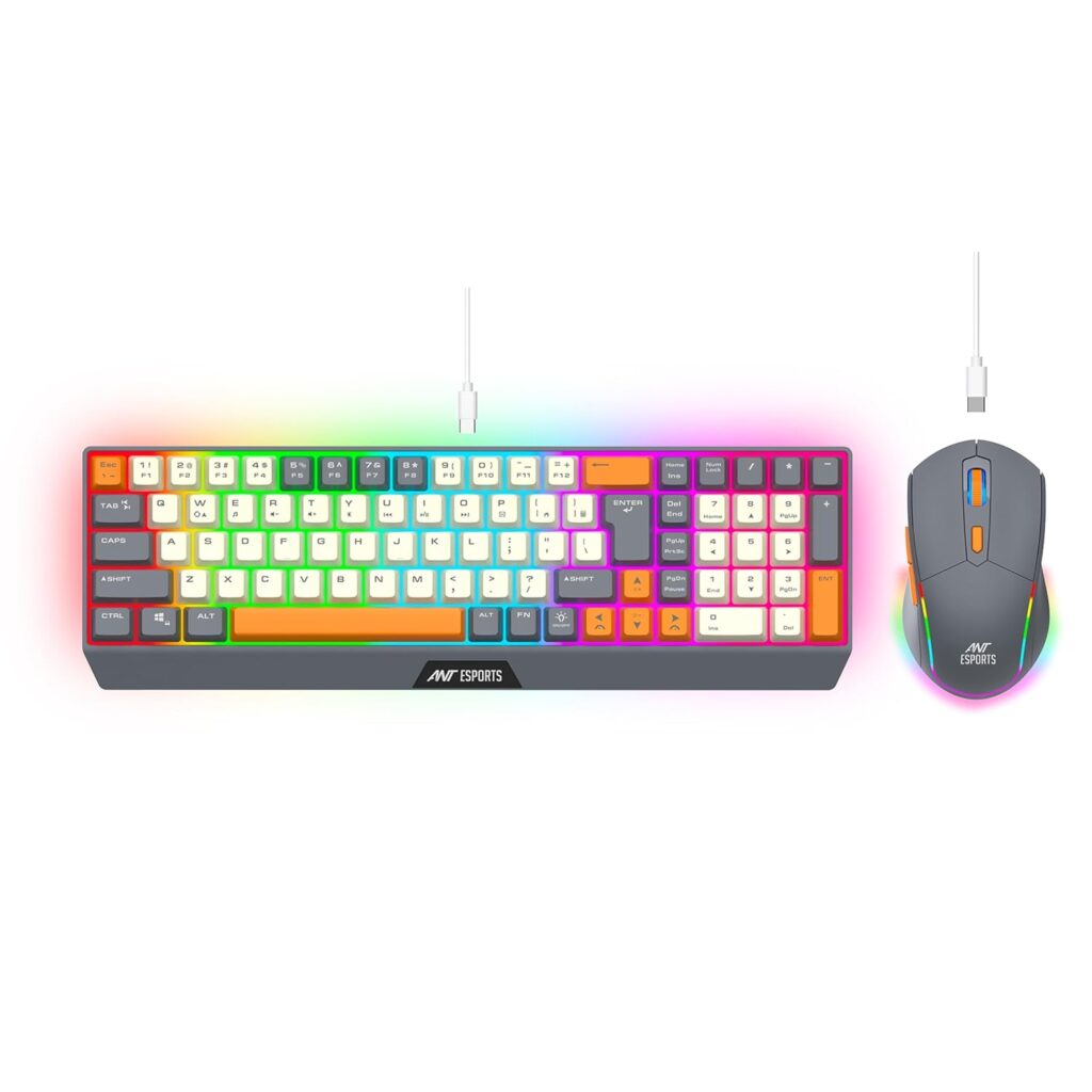 Ant Esports KM590 Pro Wireless Gaming Keyboard and Mouse Combo – 2.4GHz, RGB Rainbow LED, Rechargeable, 85 Keys Membrane Keyboard, 6-Button Wireless Mouse with USB Type-C Cable_ Grey-Orange- Beige