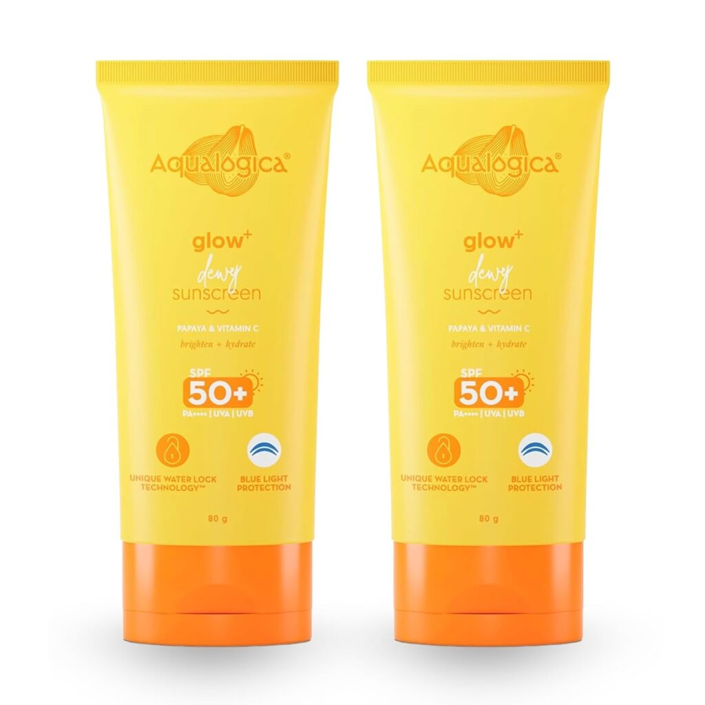 Aqualogica Glow+ Dewy Sunscreen SPF 50 PA++++ with Papaya & Vitamin C | For Oily, Combination & Dry Skin Type | UVA/B & Blue Light Protection | Fragrance-Free | For Men & Women | 80g x 2