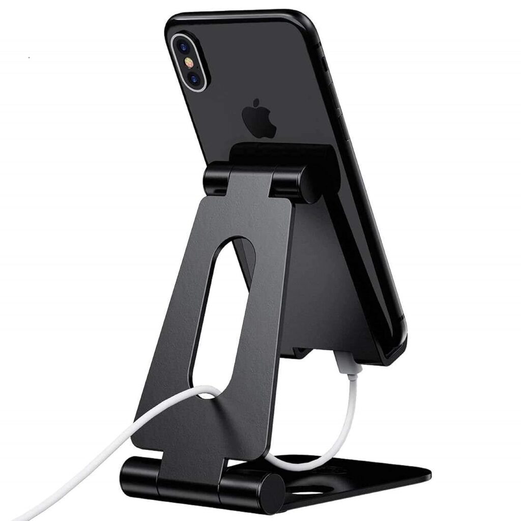 ELV Aluminum Adjustable Mobile Phone Foldable Holder Tabletop Stand, Dock Mount for All Smartphones, Tabs, Kindle, iPad (Black)