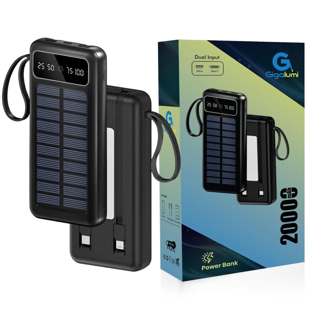 GIGALUMI 20000mAh Solar Power Bank Built-in COB Flashlight Portable Charging Device with LED Indicators 2 USB Output Ports & USB-A to Micro-USB Cable for Smartphones Tablets (Pack of 1, Black)