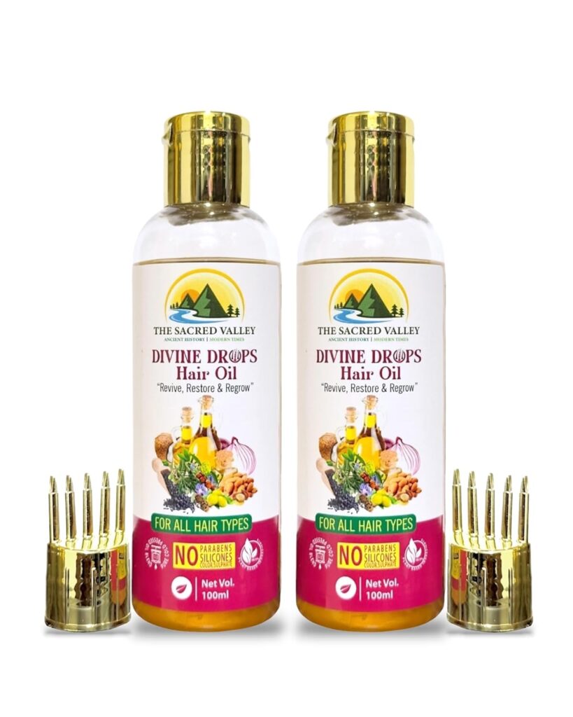 Divine Drop Hair Oil - 100ml | Non Sticky Formula | For Soft & Shiny Hair | Cold Pressed Blend with Rosemary, Almonds, Argan, Castor, Coconut, Extra Virgin Olive Oil and Vitamin E (Pack of 2)