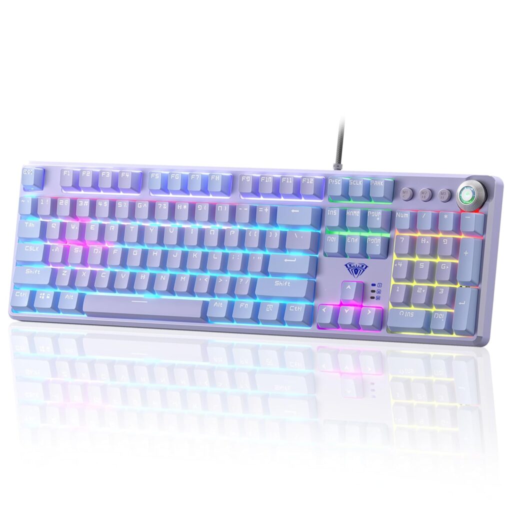 AULA F2088Pro Full Size USB Wired Mechanical Gaming Keyboard with Media Knob | RGB Rainbow Backlit, Removable Upper Cover, 108 Programmable Keys Keyboards for Mac/Windows | Purple, Red Switches