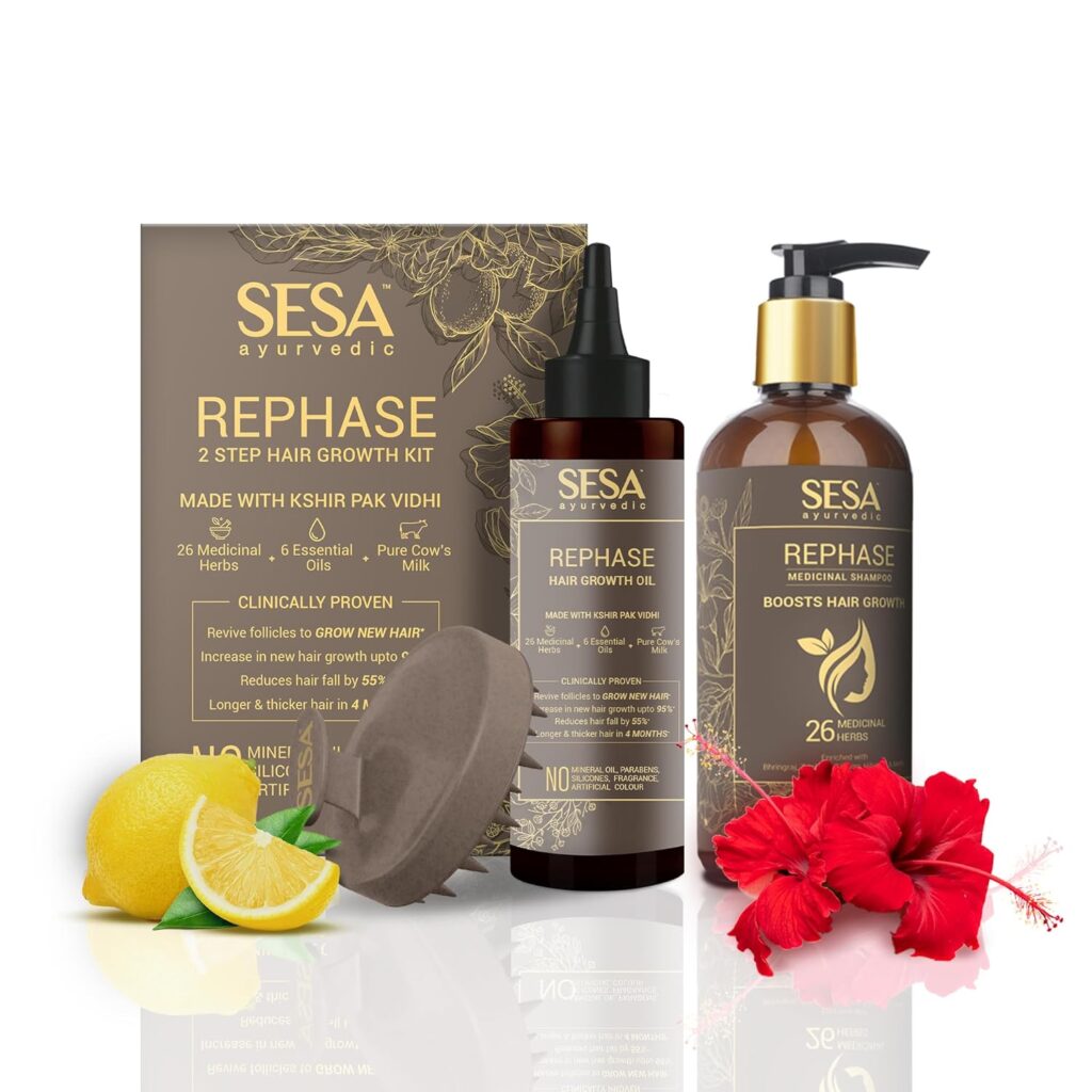 SESA Ayurvedic Rephase 2 Step Hair Oil Kit And Rephase Shampoo 300ml With 26 Herbs And 6 Essential Oils Help Control Hair Fall & Strengthen Roots With Massager Hair Combo For Women And Men