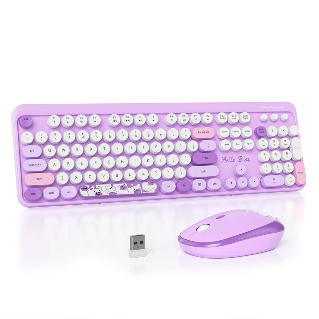 2.4G Colorful Keyboard, 104 Key Wireless Purple Customized Membrane Round keycaps Retro Typewriter Office Keyboard for PC/Mac/Laptop/Tablet/Computer Windows (Purple)