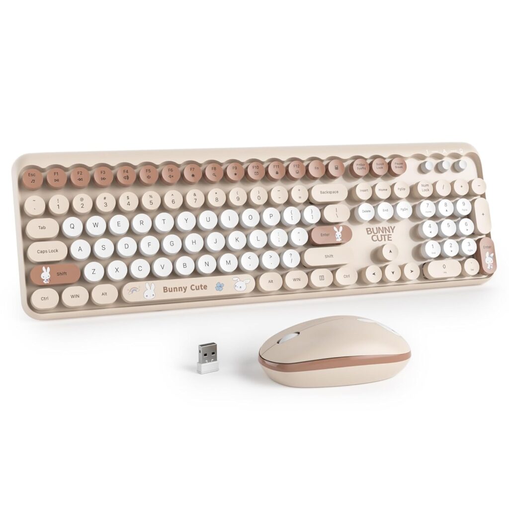 Owpkeenthy Cute Beige Keyboard and Mouse Wireless, Colorful Keyboard Retro Typewriter Style Full-Sized with Number Pad Round Keys for Desktop, Laptop and Computerr (Bunny Beige)