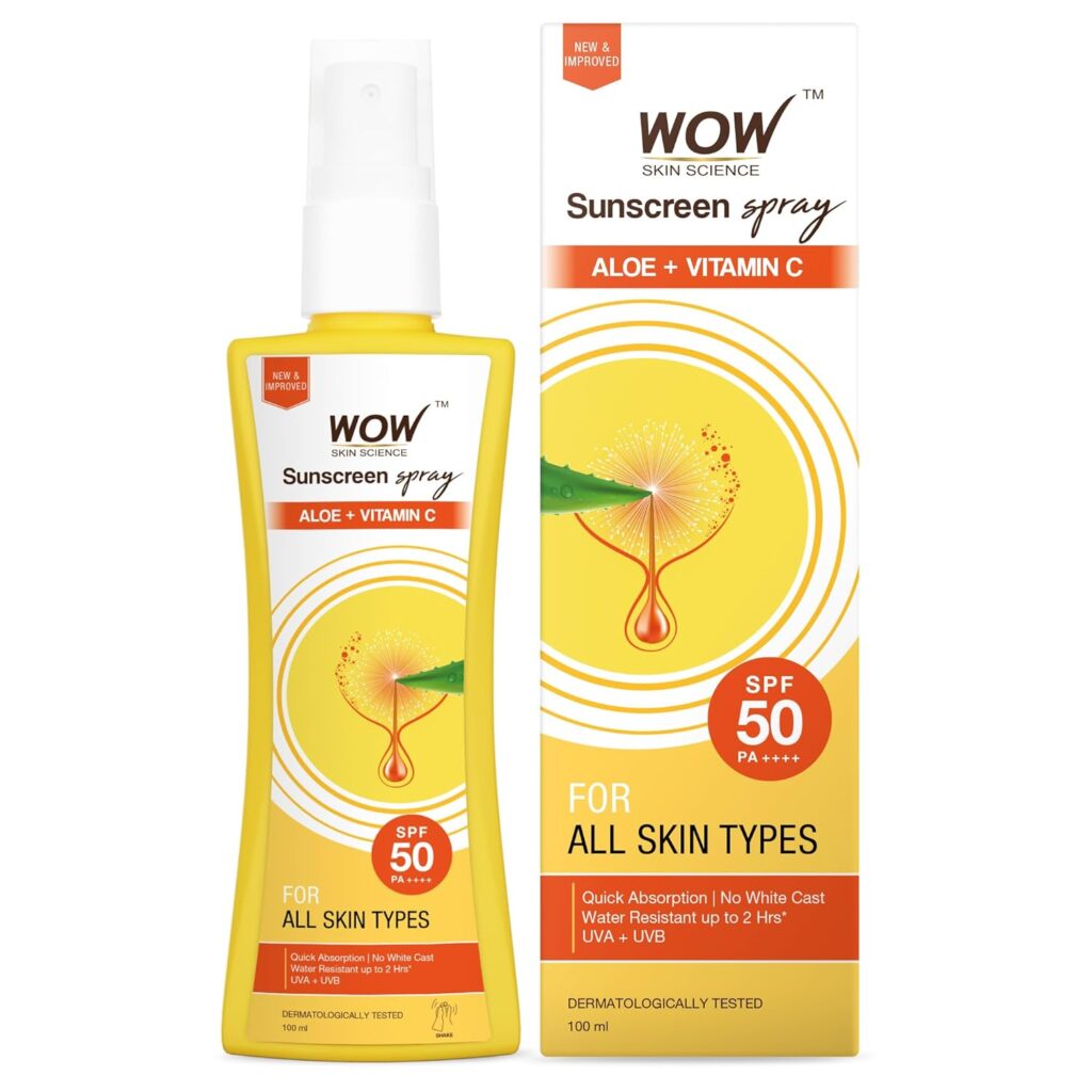 WOW Skin Science Sunscreen Spray | For All Skin Types| SPF 50 PA++++ | Brightens Skin | With Aloe Vera & Vitamin C| Lightweight | Quick Absorbing | UVA & UVB Protection | 100mL