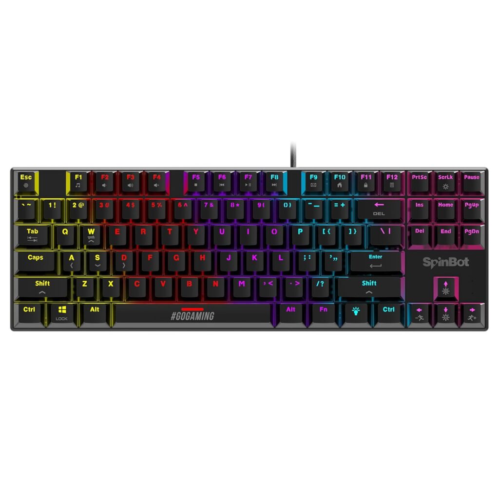 SpinBot Rage MK87 Mechanical Gaming Keyboard - Linear Red Switch | Compact 87-Key TKL Design | Vibrant Multicolor RGB Lighting | 26-Key Anti-Ghosting | Durable ABS Build | Plug & Play USB